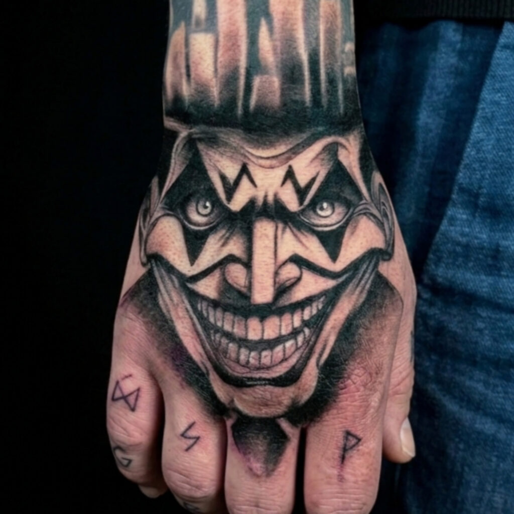 blackwork tattoo joker mano